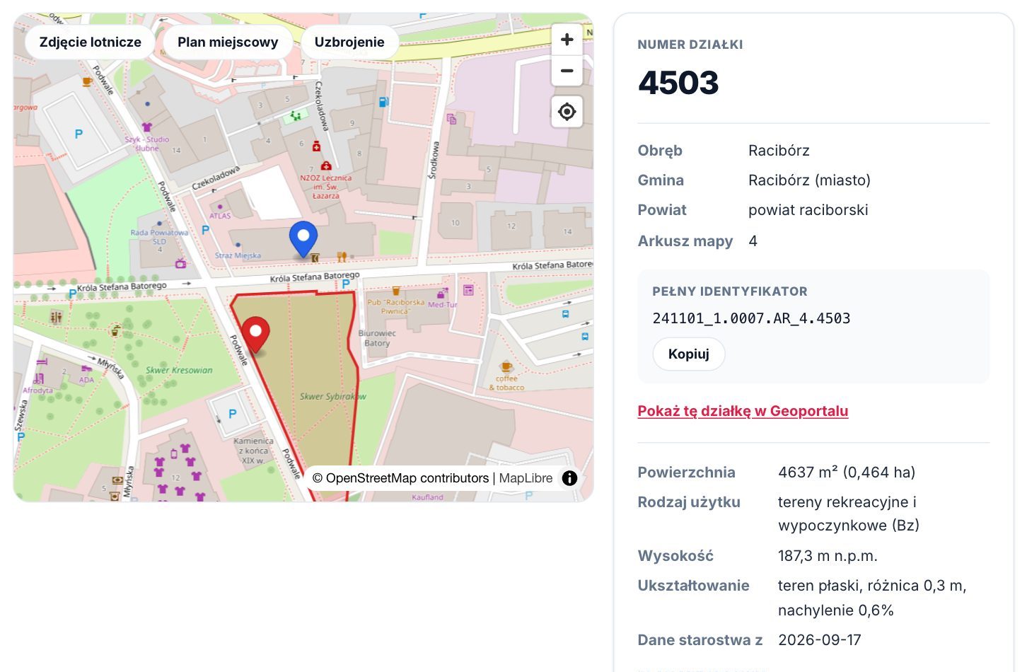 Strona sprawdź działkę po kliknięciu w Skwer Sybiraków w Raciborzu: obrys działki na mapie, numer 4503, pełny identyfikator, powierzchnia i rodzaj użytku