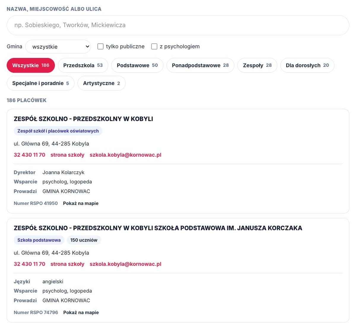 Lista szkół i przedszkoli w powiecie raciborskim z filtrami: gmina, tylko publiczne, z psychologiem, rodzaj placówki