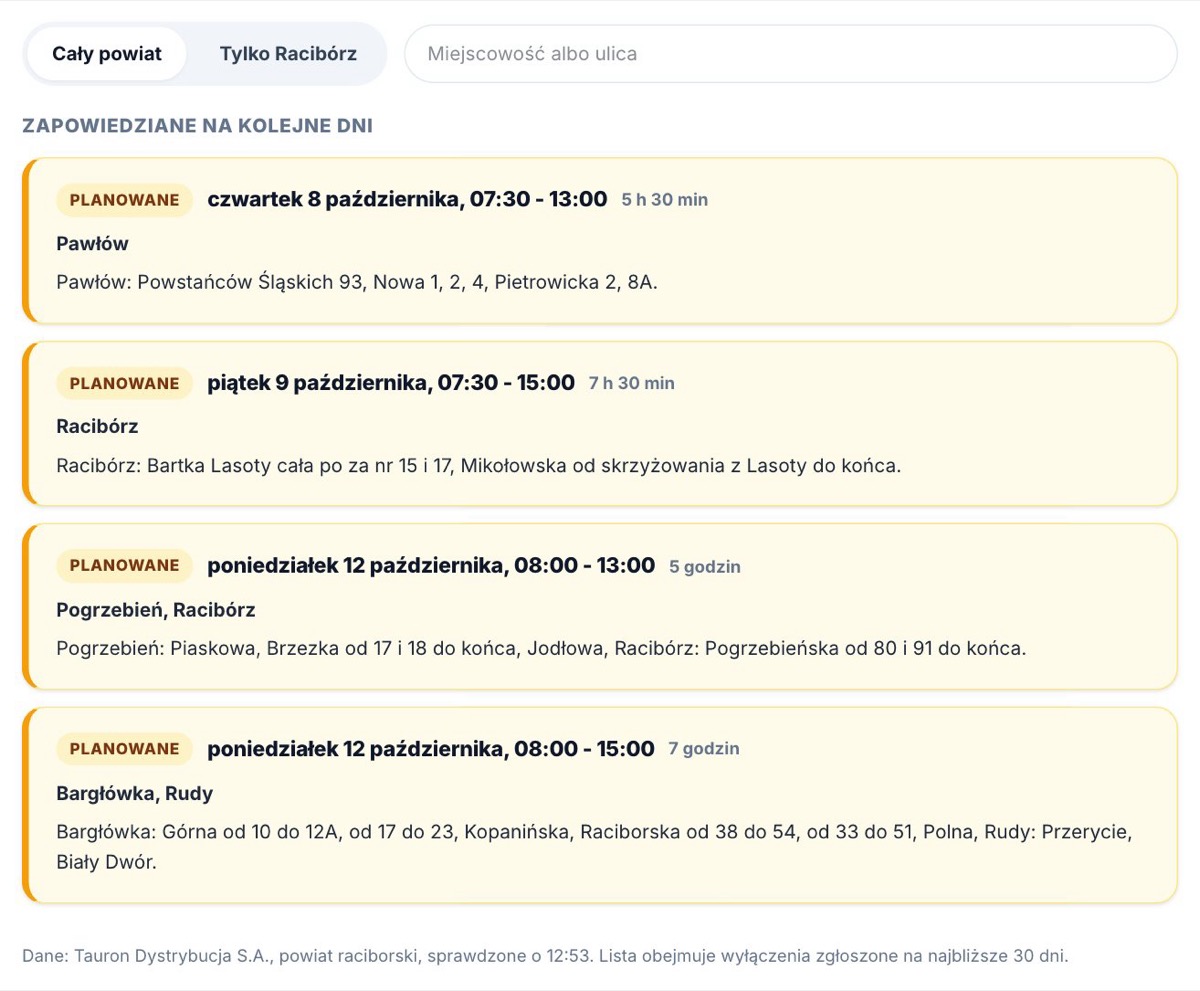 Lista wyłączeń prądu w powiecie raciborskim z 6 października 2026: cztery planowane wyłączenia z datą, godzinami i wykazem ulic